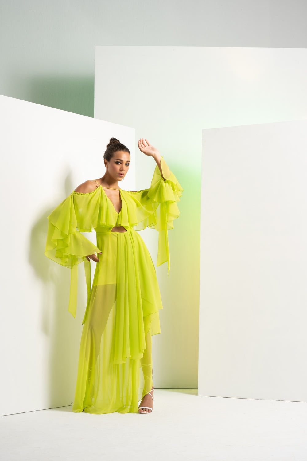 Lime green asymmetric dress with cascade sleeve