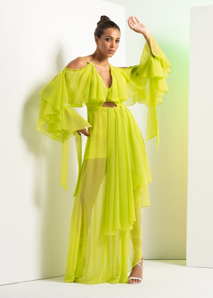 Lime Green Solid Asymmetric Dress Lime / 2XL