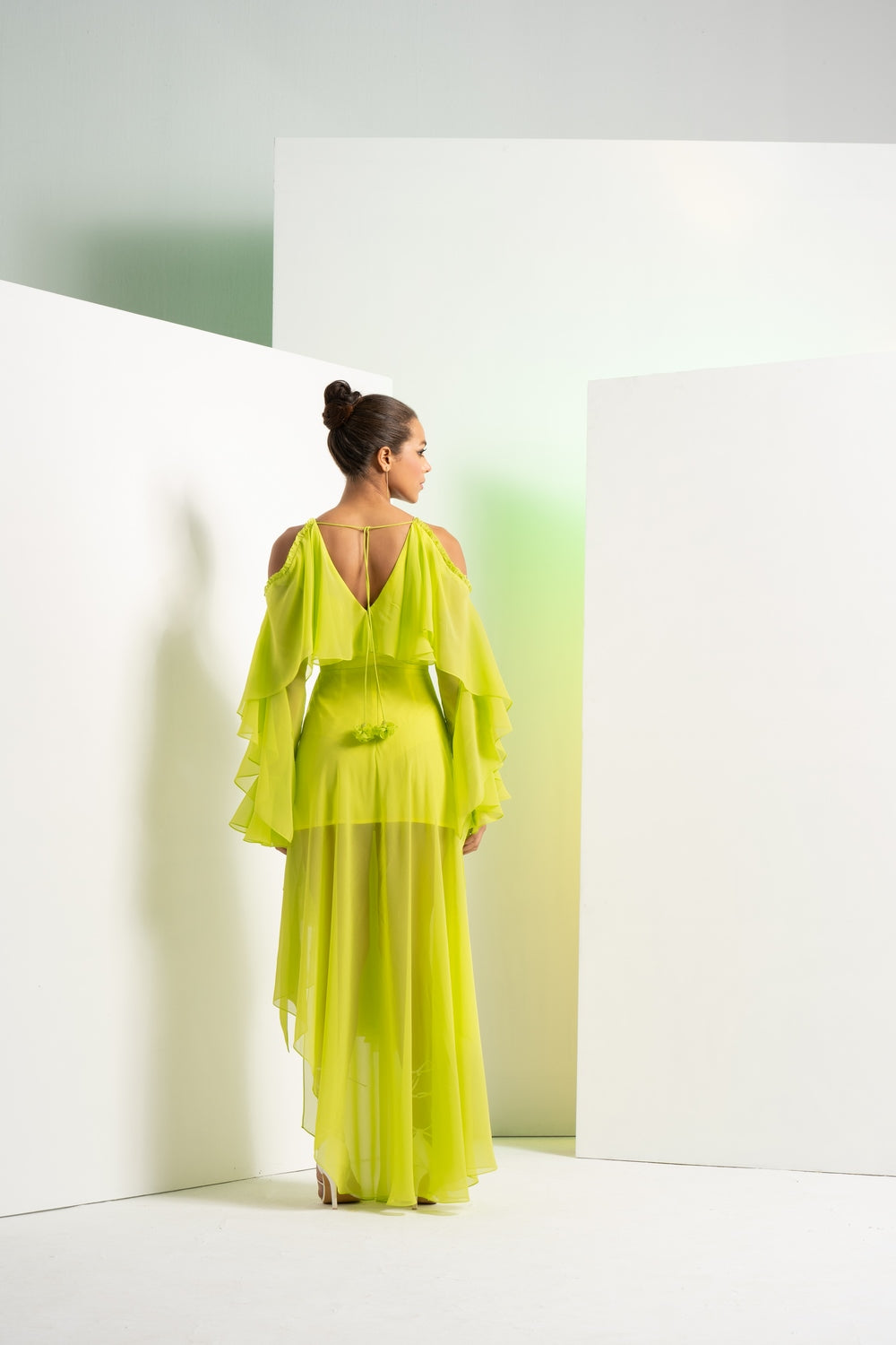Lime green asymmetric dress with cascade sleeve