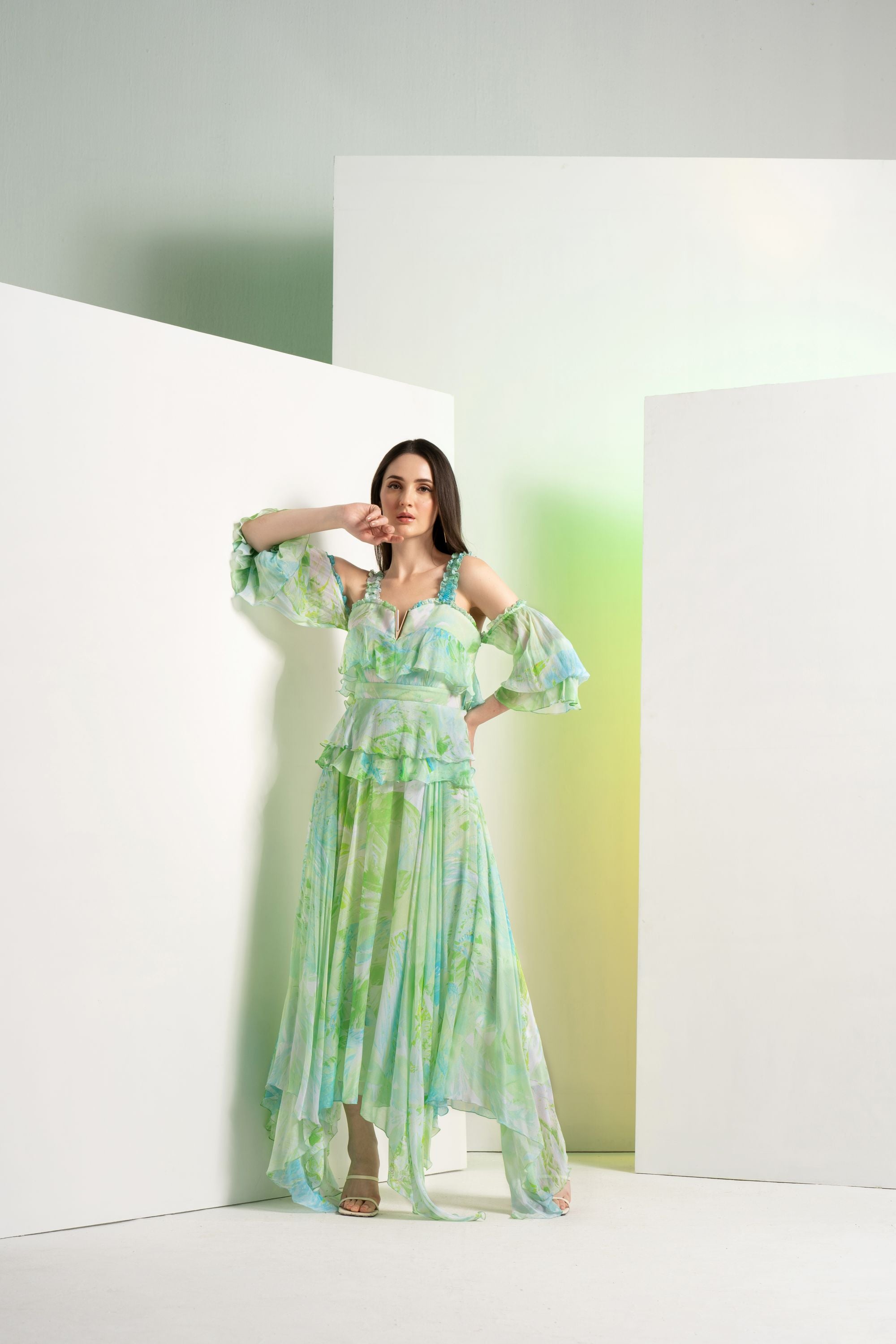 Green Raw Crystal Maxi Dress