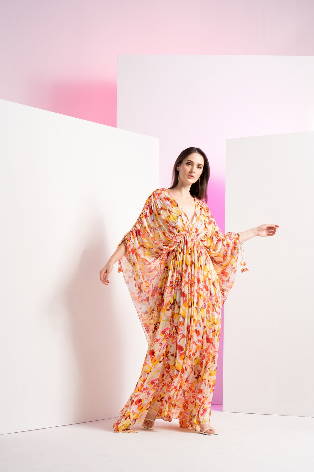 Yellow geometric chaos kaftan full length dress