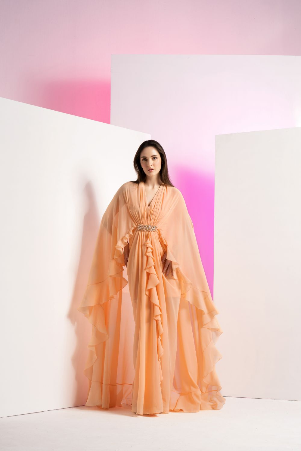 Salmon Pink Pleated Frilled Cape Gown