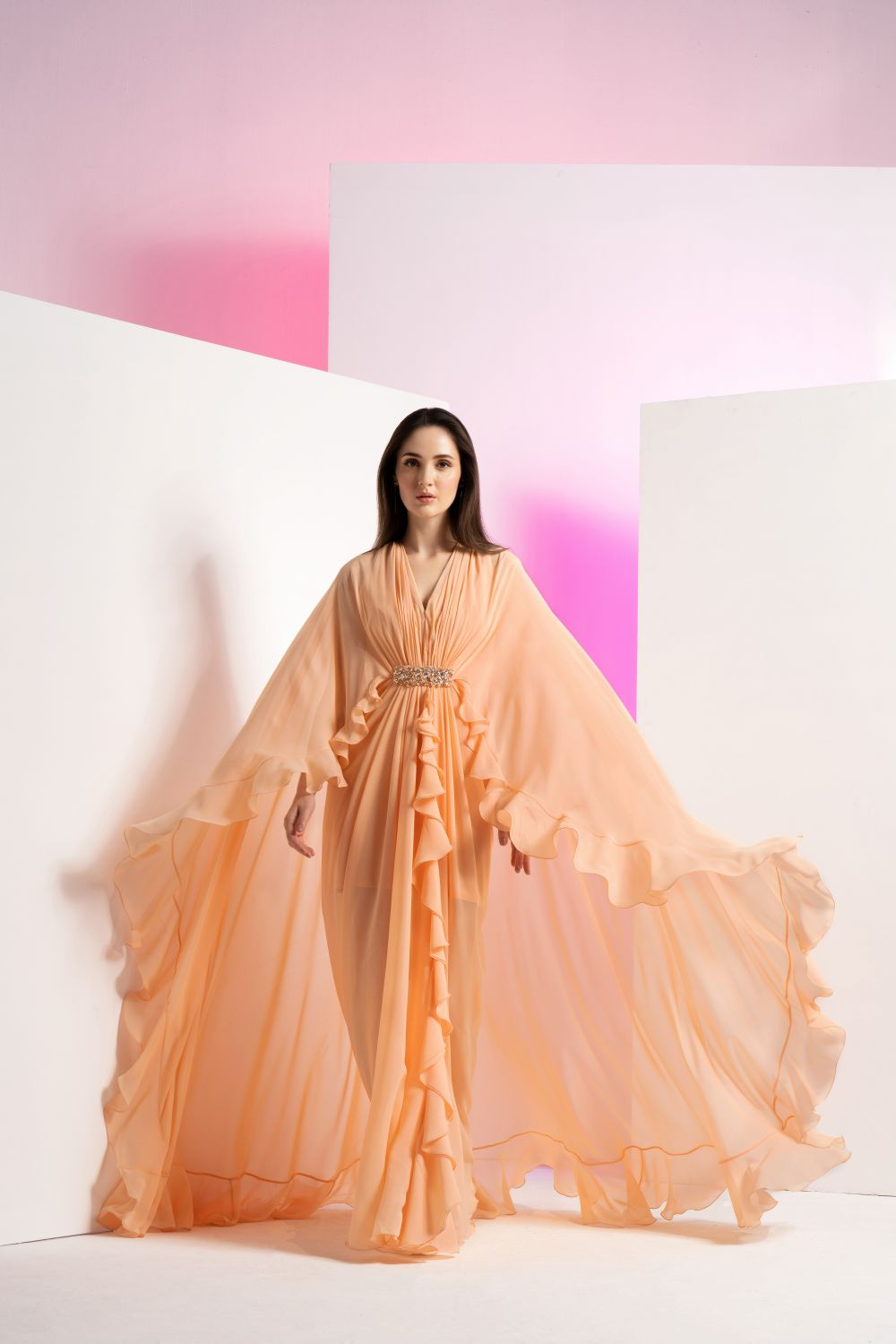 Salmon Pink Pleated Frilled Cape Gown