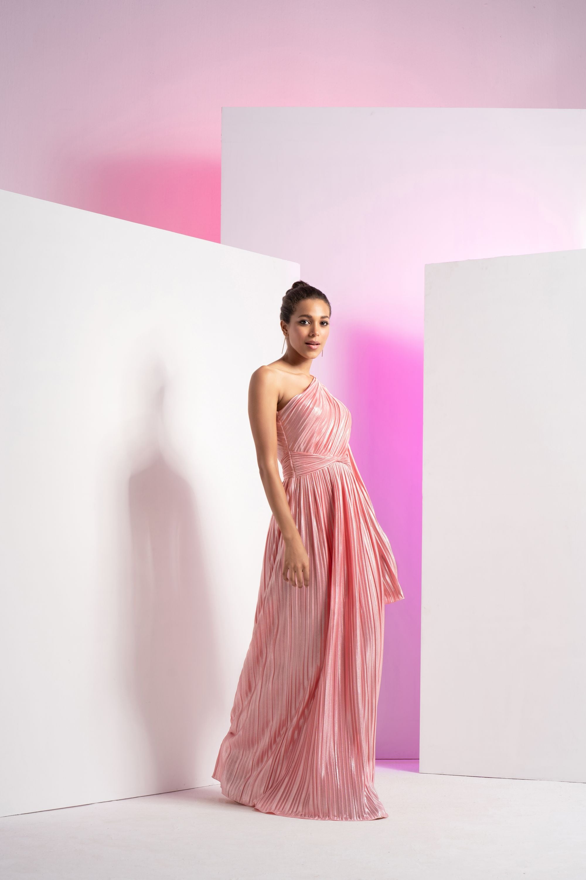 Flamingo Pink One Side Shoulder Pleated Maxi Dress