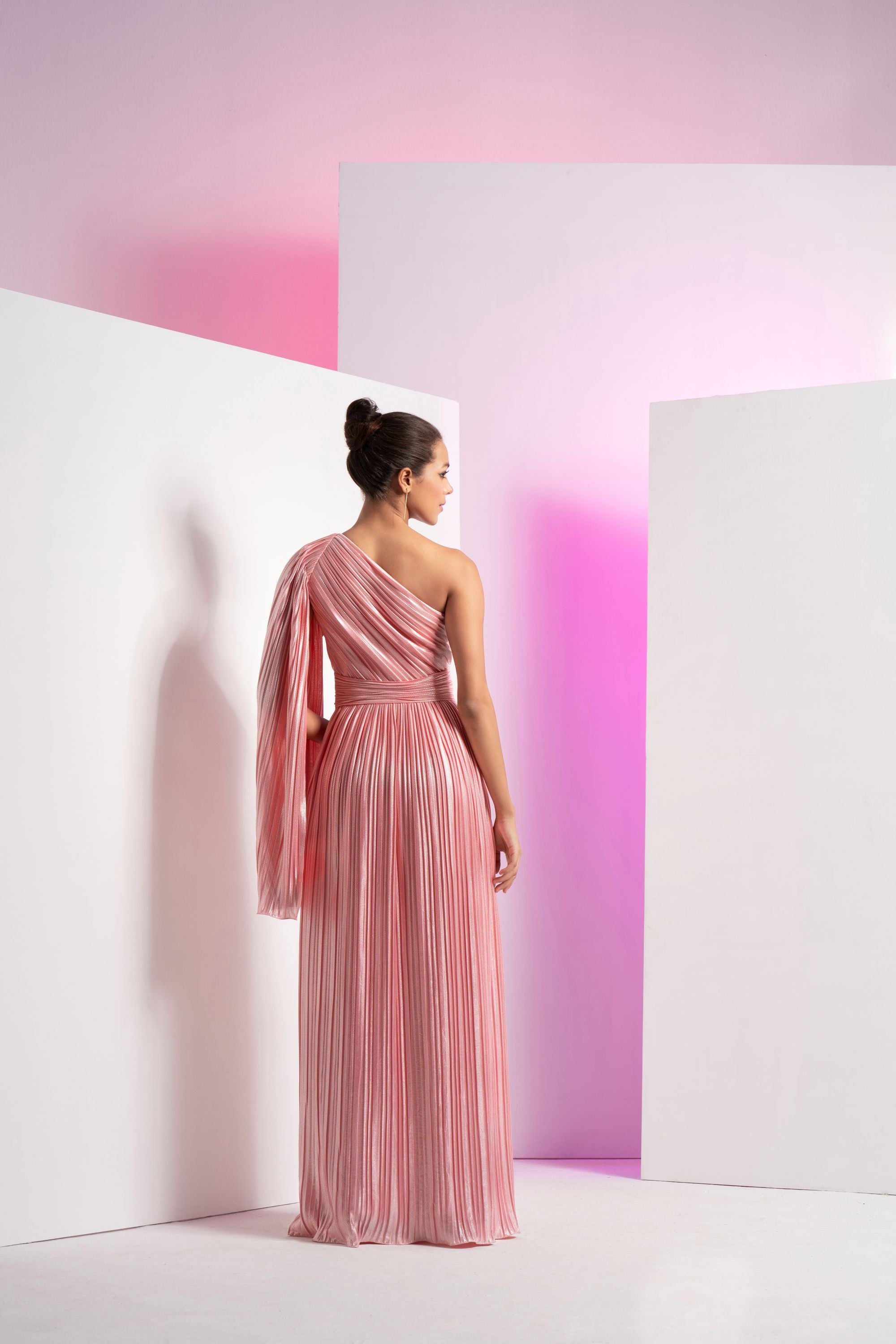Flamingo Pink One Side Shoulder Pleated Maxi Dress