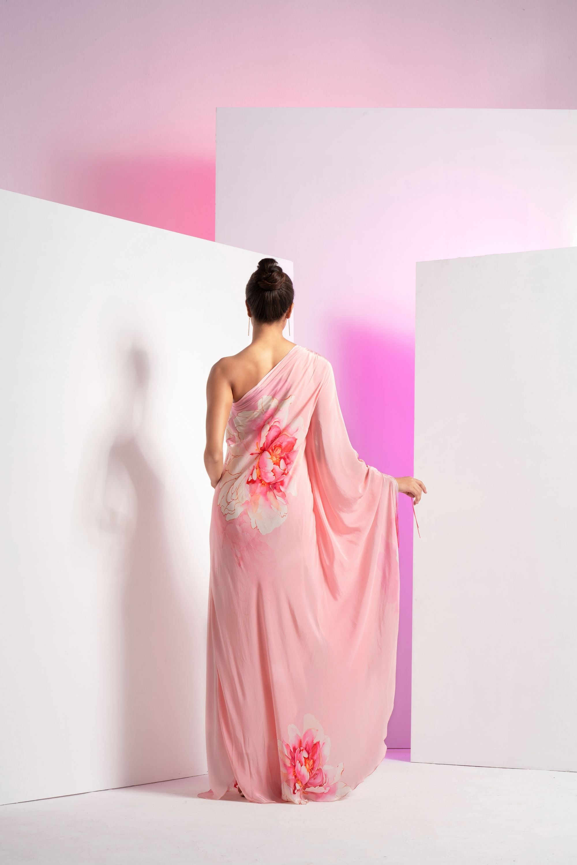 Pink Flutter Crepe Off-shoulder Maxi Dress