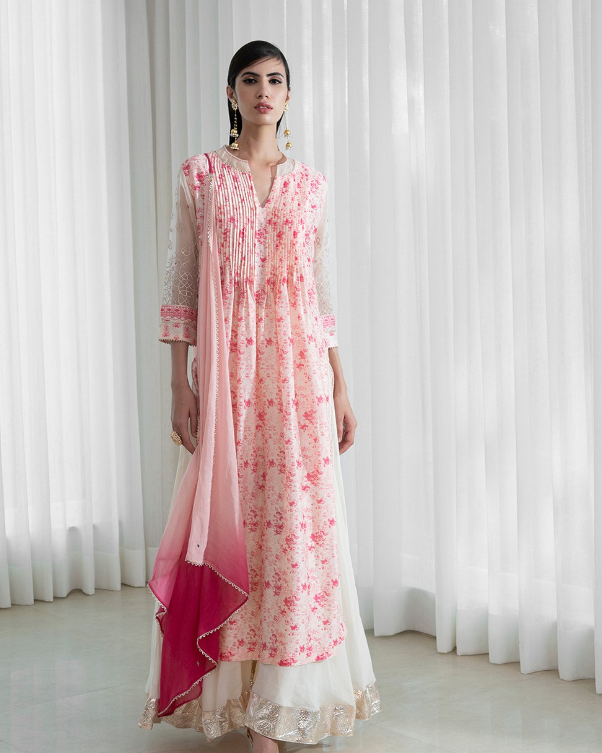 Pintucks Kurta With Sharara And Dupatta