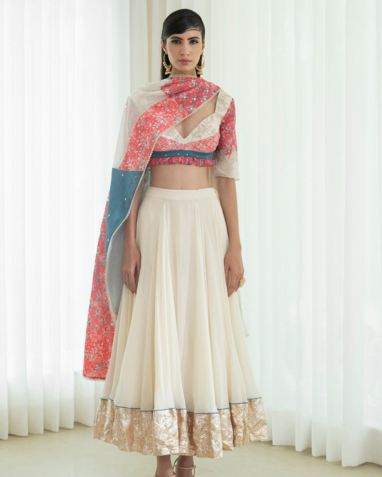 Printed Patchwork Blouse With Lehnga And Dupatta