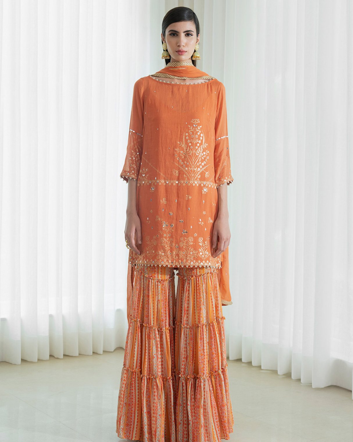 Short Kurta With Tiered Sharara And Dupatta