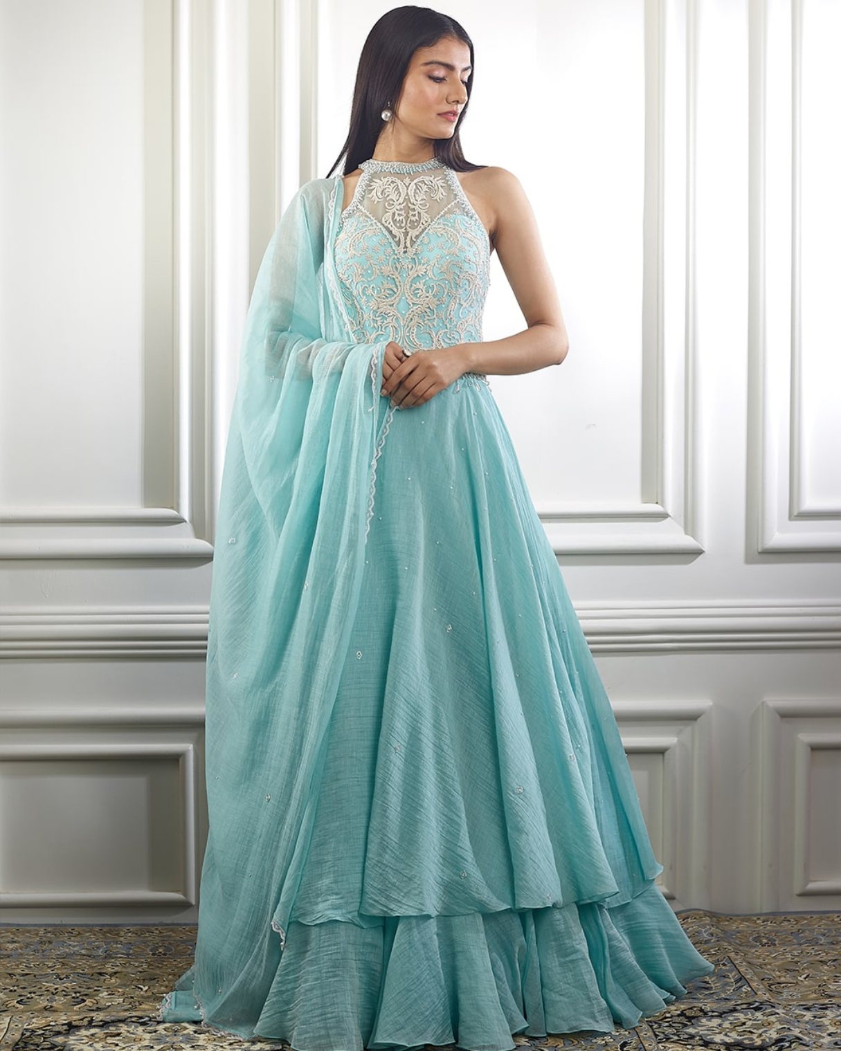 Aqua Anarkali with ivory thread embroidery and pearl embellishments