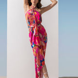 Satin Multi Pink Printed Halter Dress