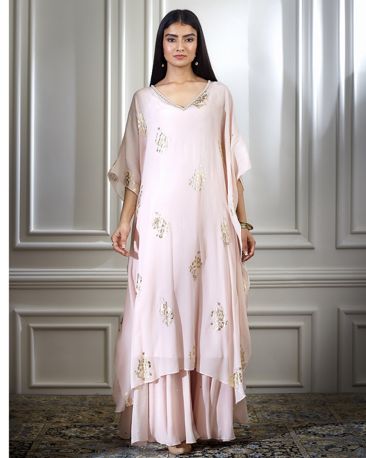 Peach Foil Printed Embellished Kaftan With Sharara