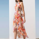 Georgette Coral Multi Prints Pleated Dress