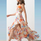 Chiffon Multi Coral Printed Cut Out Dress