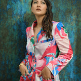 Gauahar Khan - Red & Beige Abstract Satin Jacket Set