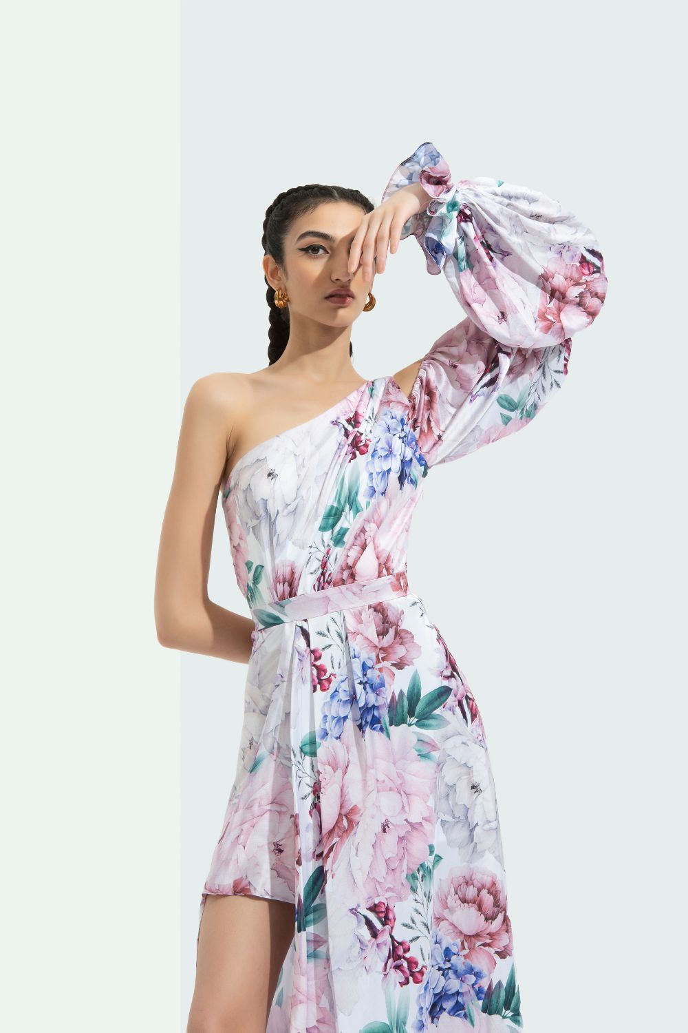 Iris Printed One Off Shoulder High Low Dress #RTS