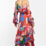 Red Chiffon Tiered Maxi Dress