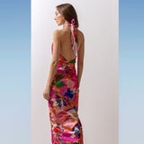 Satin Multi Pink Printed Halter Dress