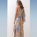 Satin Yellow Multi Printed One Shoulder Kaftan