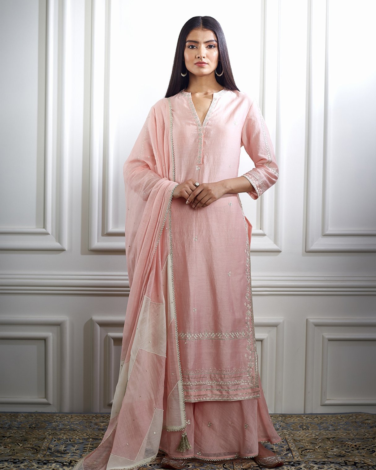 Peach Pink Aari Zari Embroidered Straight Kurta Highlighted with Pearl Embroidery