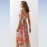 Georgette Coral Multi Prints Pleated Dress