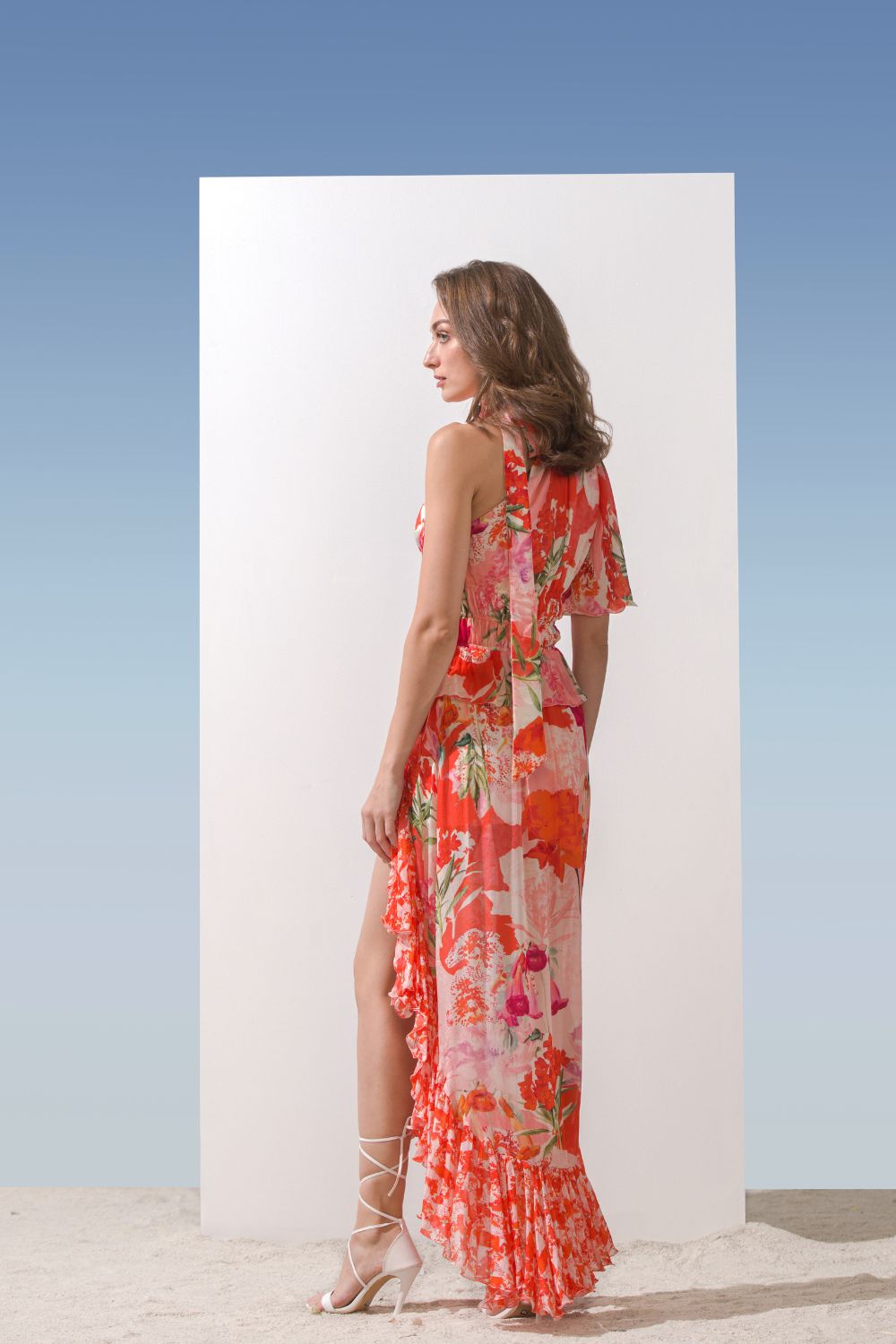 Chiffon Coral Printed Frill Dress #RTS