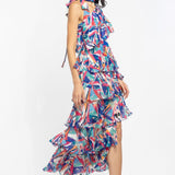 Blue One Shoulder Layered Maxi Dress