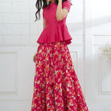 Fuchsia Embroidered Peplum With Printed Lehenga