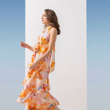 Chiffon Orange Printed Halter Tiered Dress