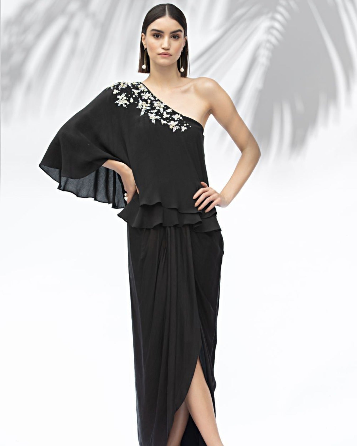Black One Off Shoulder Top With Draped Skirt