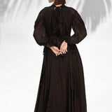 Black Embroidered Cowled Hem Dress With Belt