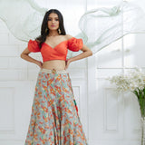 Orange Off Shoulder Printed Lehenga