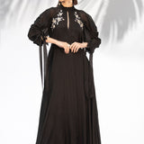 Black Embroidered Cowled Hem Dress With Belt