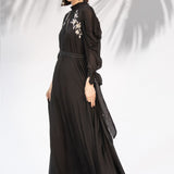 Black Embroidered Cowled Hem Dress With Belt