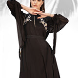 Black Embroidered Cowled Hem Dress With Belt