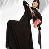 Black Embroidered Cowled Hem Dress With Belt