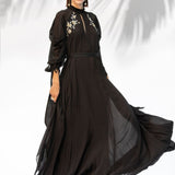 Black Embroidered Cowled Hem Dress With Belt