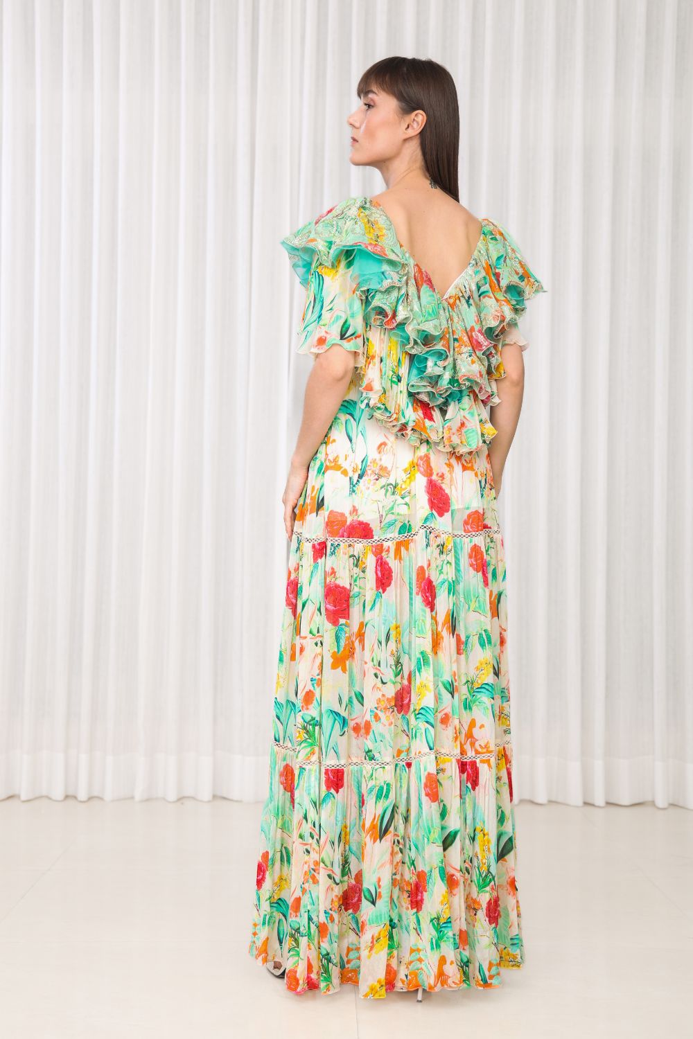 Dahlia Bouquet Printed Chiffon Dress #RTS