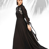 Black Embroidered Cowled Hem Dress With Belt