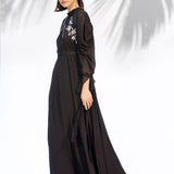 Black Embroidered Cowled Hem Dress With Belt
