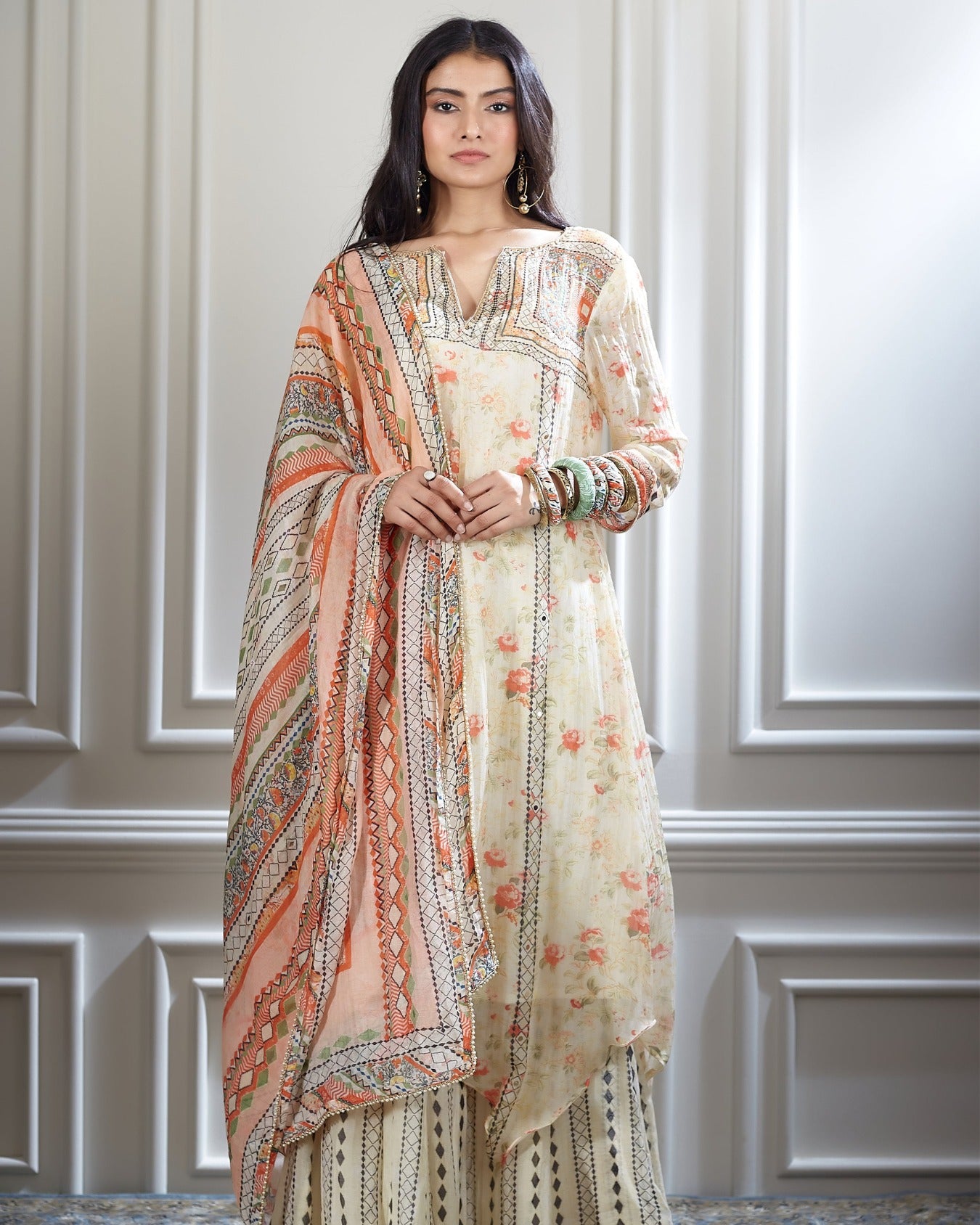 Ivory printed and embroidered handkerchief hem kurta sharara set