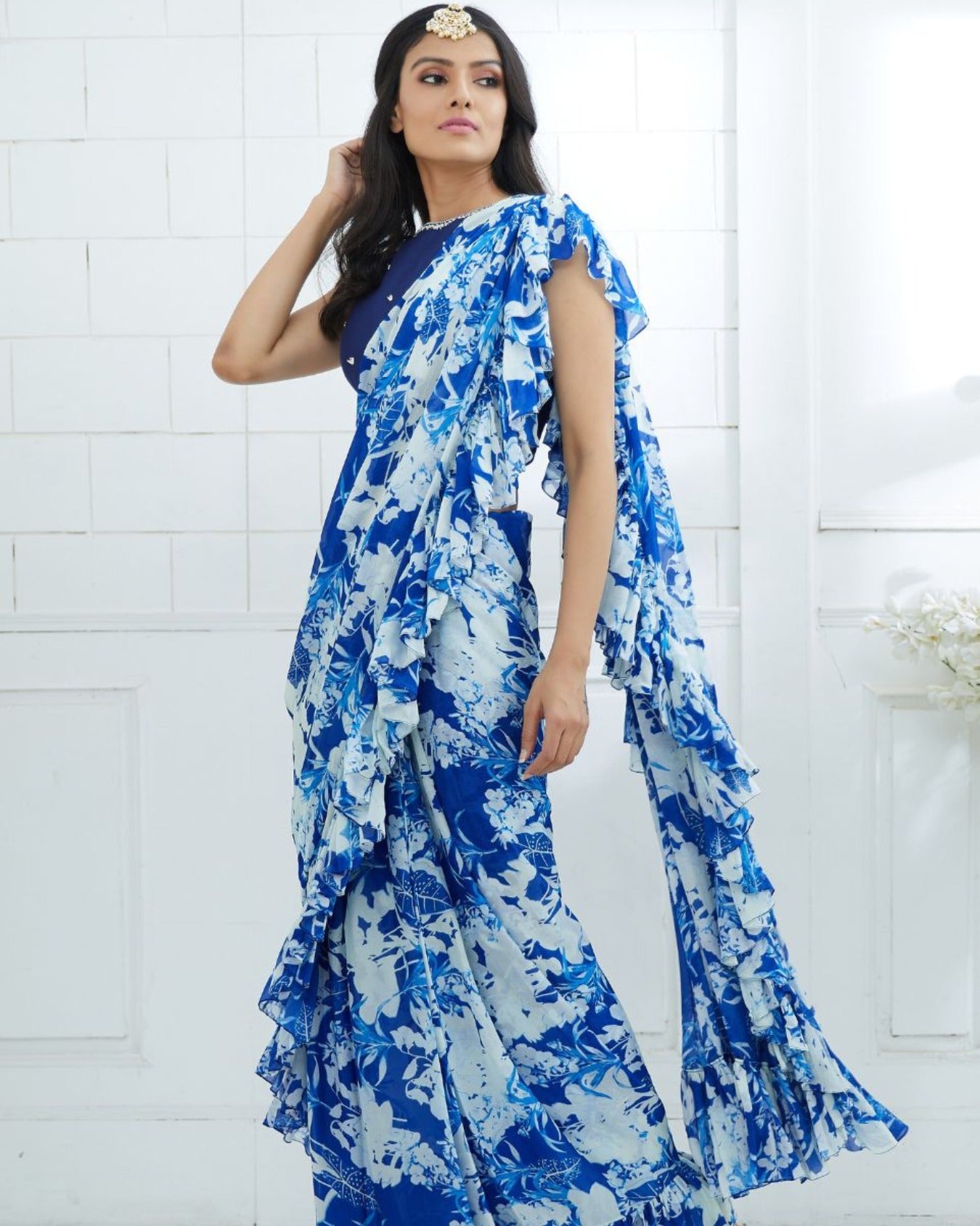 Royal Blue Embroidered Blouse With Printed Ruffle Saree