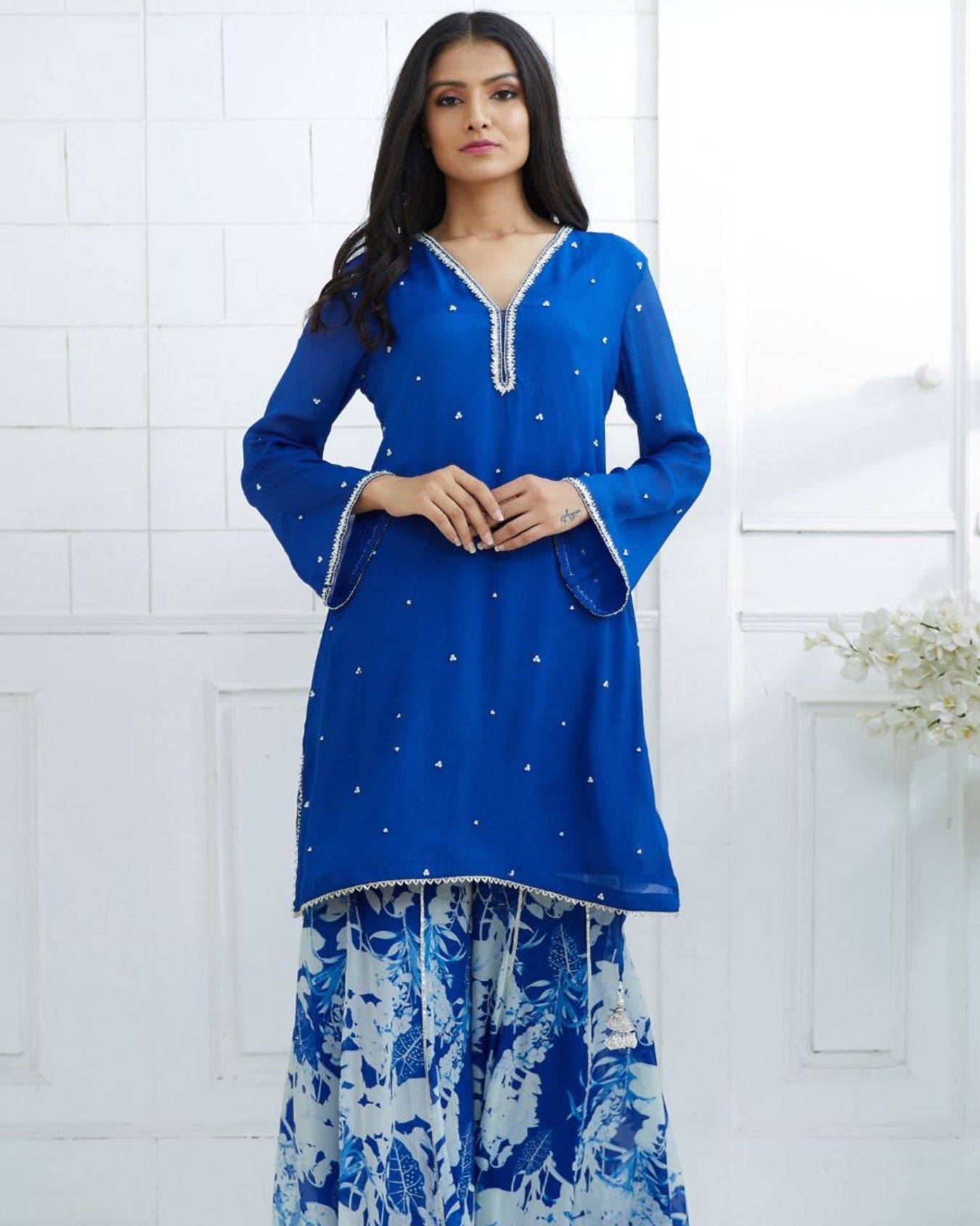 Royal Blue Embroidered Kurta With Printed Sharara