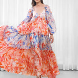 Blue Mist Maple Leaves Tiered Dress