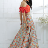 Orange Off Shoulder Printed Lehenga