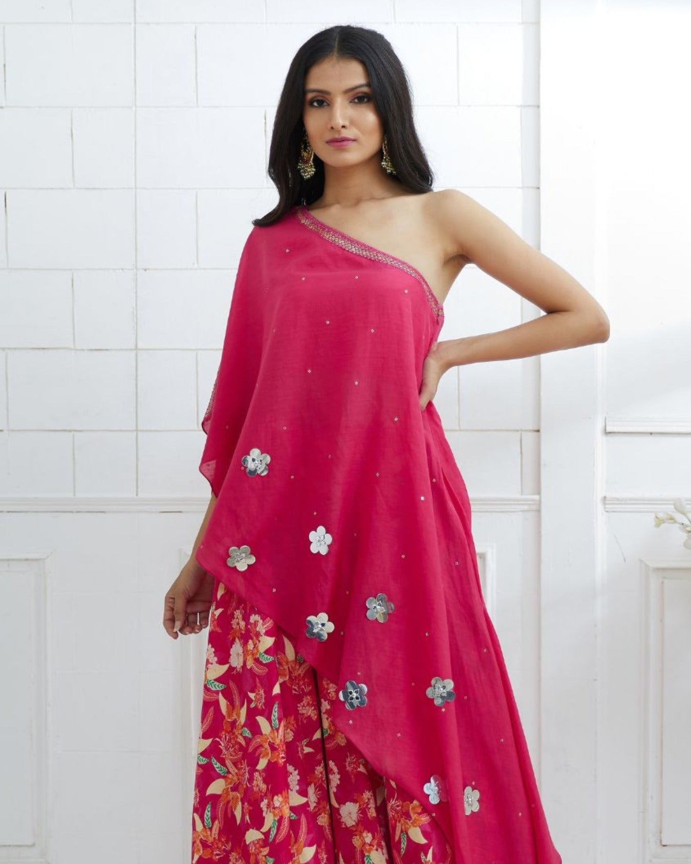 D.fuchsia A-symmetric Embroidered Tunic With Printed Palazzo