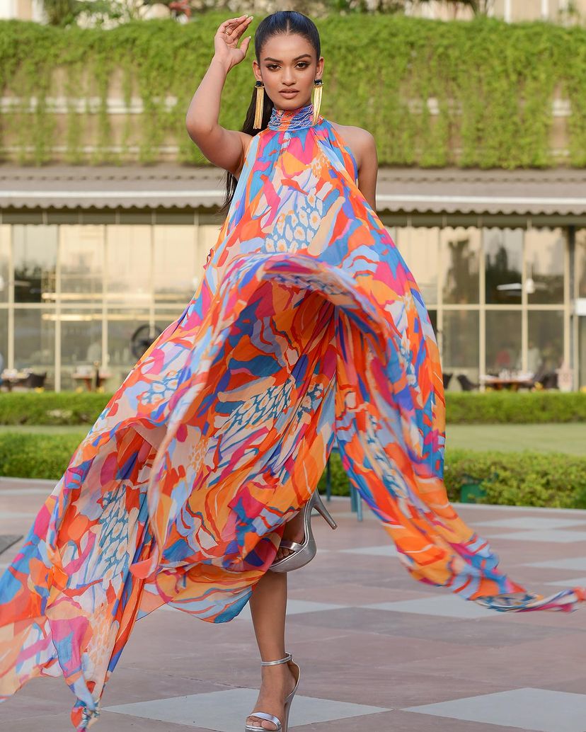 Pop Abstract Printed High-Low Halter Neck Dress worn by Pragnya Ayyagari