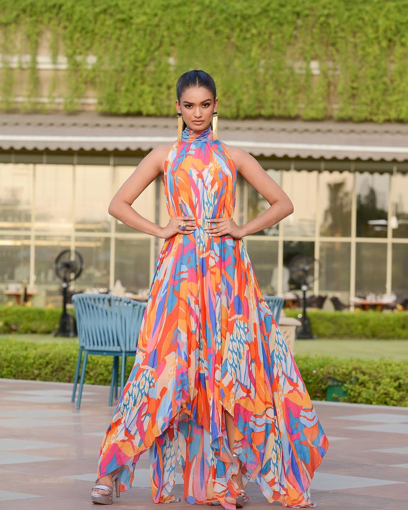 Pop Abstract Printed High-Low Halter Neck Dress worn by Pragnya Ayyagari