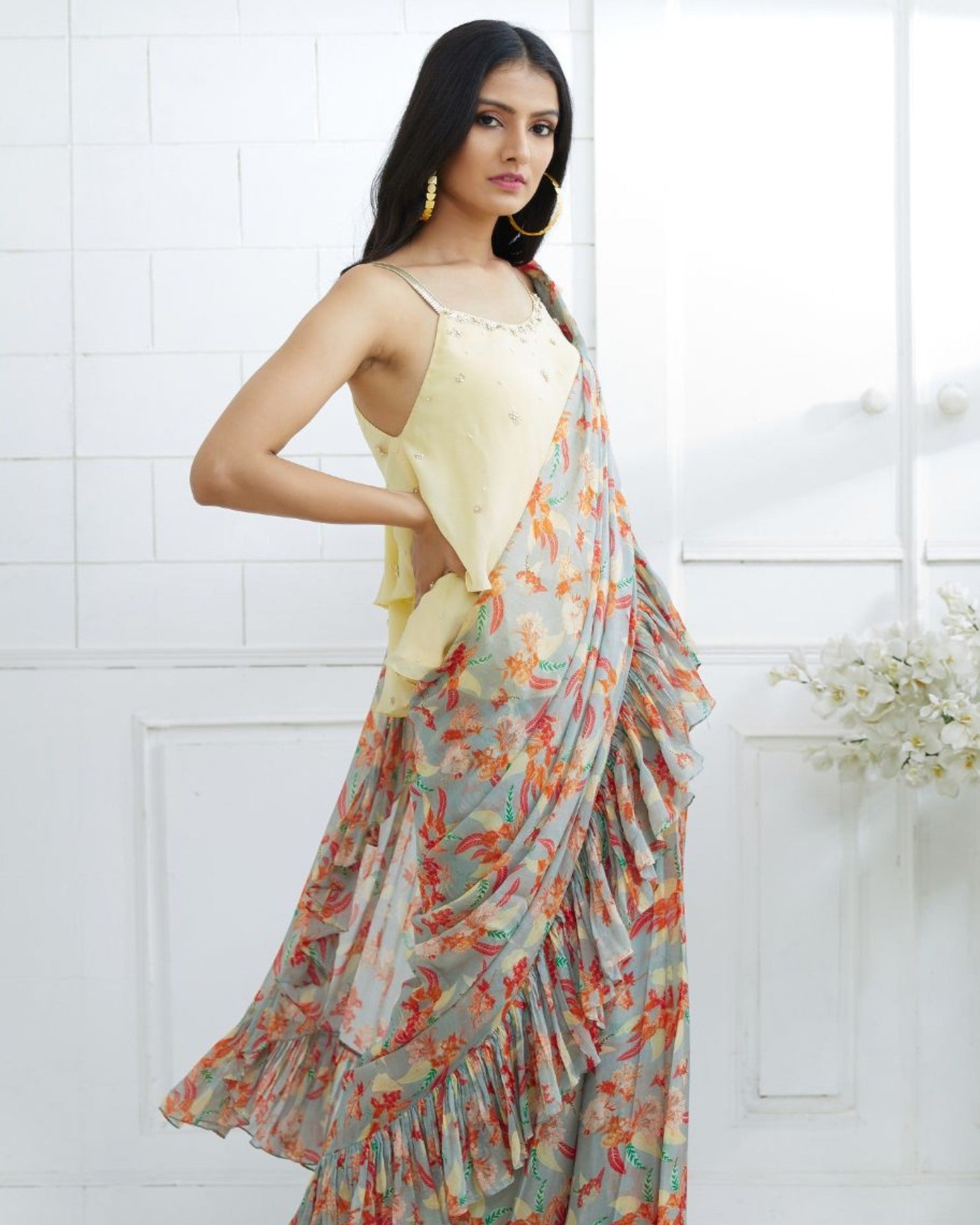 P. Yellow Strapy Embroidered Blouse With Grey Ruffle Saree