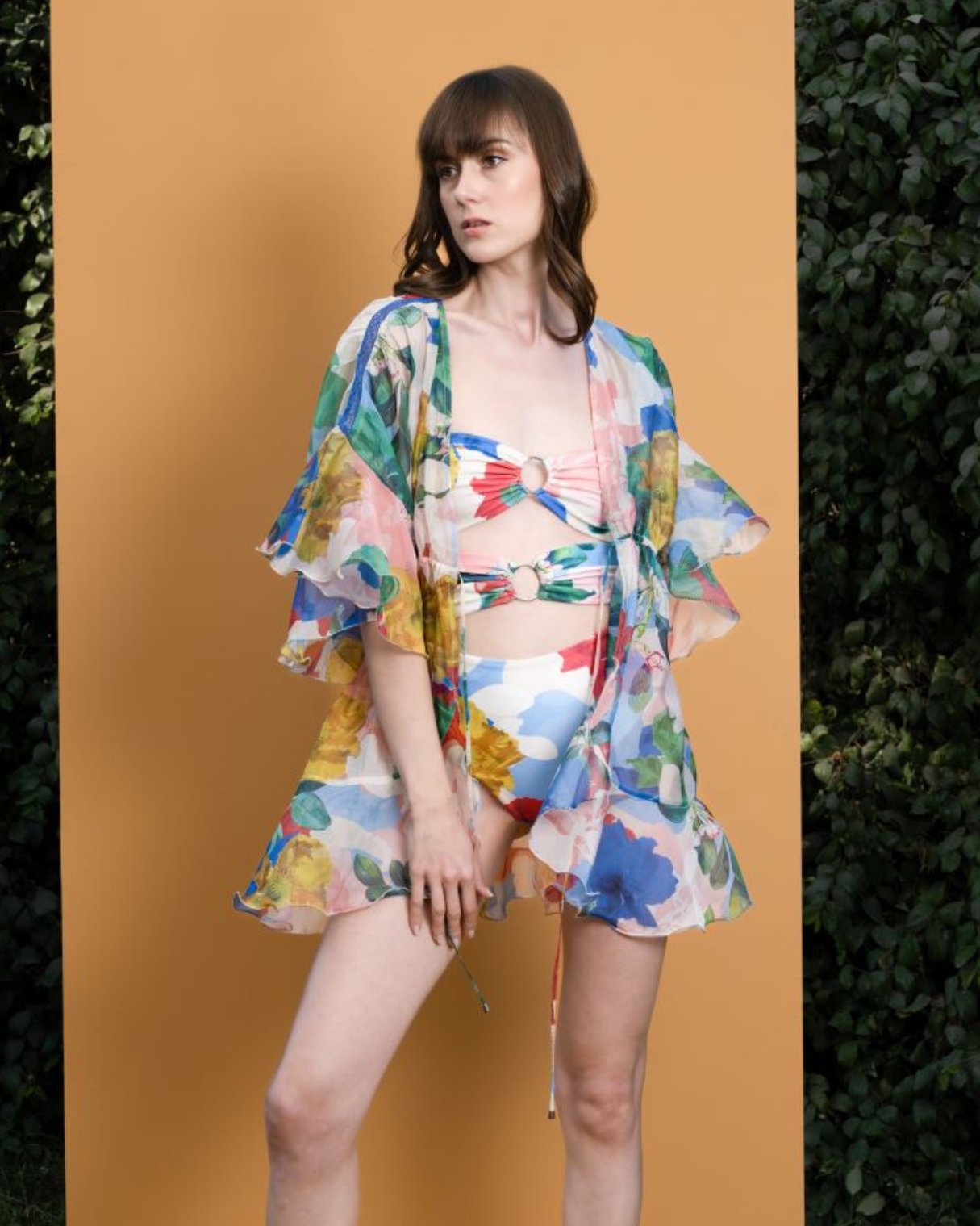 Hibiscus Printed off shoulder bodysuit with printed organza cover up